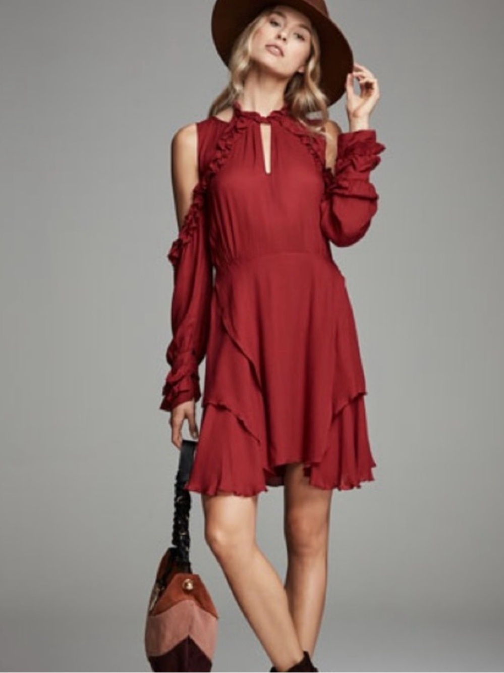 IRO Paris Hanie Burgundy Cold Shoulder Ruffle Mini Dress Size FR 38/US 6 NWT